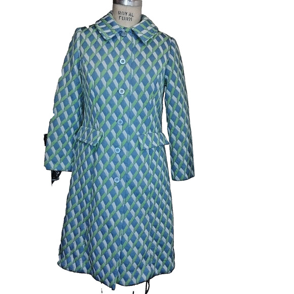 Blue Green & White Woman's Coat Vintage 1960s Textured Knit Large